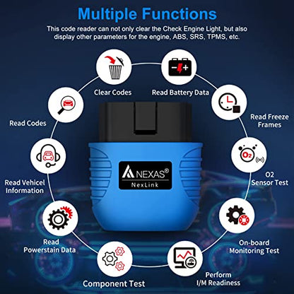 NEXAS NexLINK Bluetooth OBD2 Scanner with Live Data for All US Cars | Reads & Clear Check Engine Light, Performance Test, Bluetooth Wireless Connection For iPhone and Android, Lifetime Updates - size: obd2 scanner