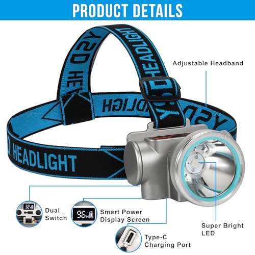 High Brightness LED Headlamp with Display Screen Rechargeable USB-C Waterproof Headlight with Runtime Indicator 4 Lighting Modes Light for Camping, Work, Hunting, Fishing (Mode 502 - White Light) - color: Model-502