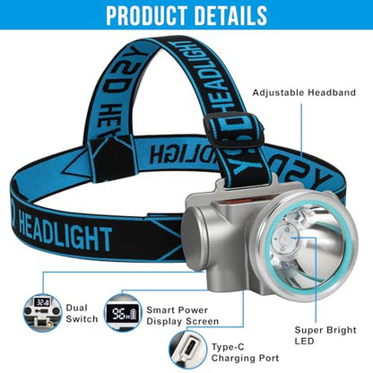 High Brightness LED Headlamp with Display Screen Rechargeable USB-C Waterproof Headlight with Runtime Indicator 4 Lighting Modes Light for Camping, Work, Hunting, Fishing (Mode 502 - White Light) - color: Model-502