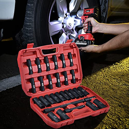 AOBEN 1/2-Inch Drive Impact Socket Set, 29 Pieces, 6 Point, SAE/Metric, (3/8" - 1", 10mm - 24mm), Deep, Cr-V Steel, Includes 3", 5", 10" Extension bars - size: 1/2-Inch 29PCS