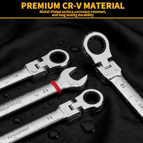 GRENPRO 23PCS Flex-Head Ratcheting Wrench Set, Combination Ratchet Wrenches Set Metric and Standard & SAE with Organizer Box, 6-18mm & 1/4" to 3/4" with Color Ring, CRV Socket Mechanic Tools Sets - style: 23PCS Flex-Head Ratcheting Wrench Set