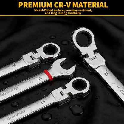 GRENPRO 23PCS Flex-Head Ratcheting Wrench Set, Combination Ratchet Wrenches Set Metric and Standard & SAE with Organizer Box, 6-18mm & 1/4" to 3/4" with Color Ring, CRV Socket Mechanic Tools Sets - style: 23PCS Flex-Head Ratcheting Wrench Set