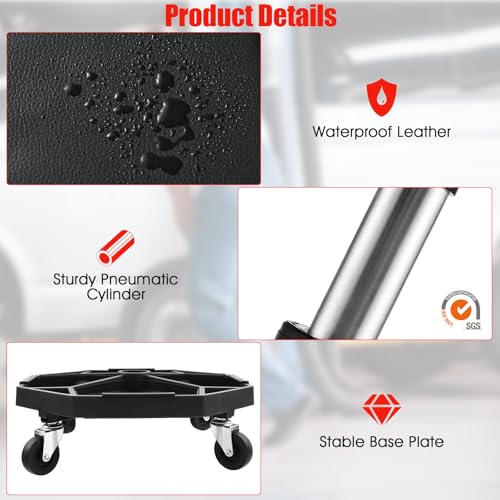 TANGZON 150KG Pneumatic Rolling Mechanic Stool, 41CM-55CM Height Adjustable & 360° Swivel Roller Creeper Seat with Removable Tool Tray and Wheels, Heavy Duty Padded Garage Workshop Stool (Black) - color: Black