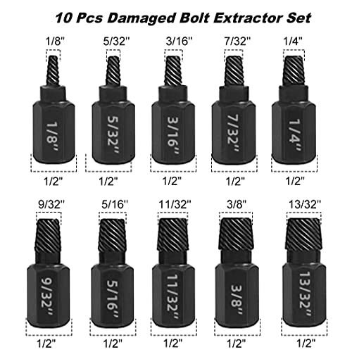 10 PCS Damaged Bolt Extractor Kit Heavy-Duty Screw and Bolt Extractor Drill Bit Set Hex Shank Rounded Bolt Remover Tools Easy Removal of Rusty and Broken Bolts for Automobile Repair