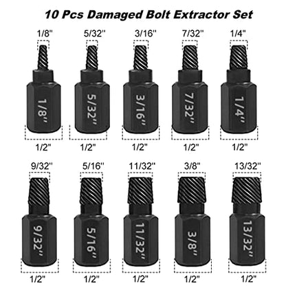 10 PCS Damaged Bolt Extractor Kit Heavy-Duty Screw and Bolt Extractor Drill Bit Set Hex Shank Rounded Bolt Remover Tools Easy Removal of Rusty and Broken Bolts for Automobile Repair