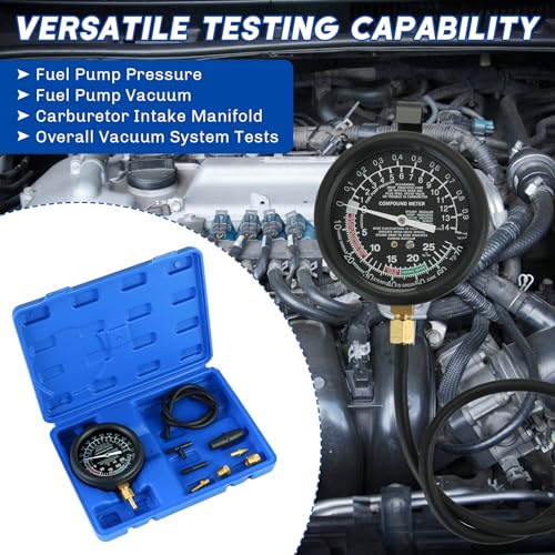 Fuel Pump and Vacuum Tester Gauge (Blue) | Vacuum and Fuel Pump Tester Gauge Kit Carburetor Pressure Fuel Pressure Tester Kit Automotive Vacuum Gauge - color: Blue