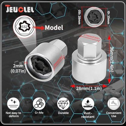 532 Wheel Locking Nut Key for VW, Socket Adapter (OD 28mm-ID 25mm) | Wheel Lock Nut Socket Adapter, Anti-Theft Lug Nut Removal Tool, Anti-Theft Screw Remover, Repair Tool, Tyre Fitting, garage - size: Socket 532
