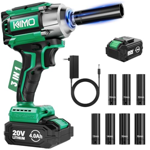 KIMO Impact Wrench 3/8 Inch, 550N.m (410ft-lbs), 4000RPM/3500IPM Brushless Motor High Torque Impact Driver with 4.0Ah Battery, 2 Modes, Variable Speeds, LED Light, Cordless Impact Gun for Car/Truck - color: Green & Black