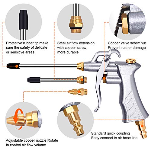 Air Blow Gun w/Copper Adjustable Air Flow Nozzle & 2 Steel Extension | Powerful Air Flow, All-Metal Build, Adjustable Air Flow Nozzle, Metal Hanging Hook, 2 Airflow Extension Tubes for Tight Areas - color: Silvery