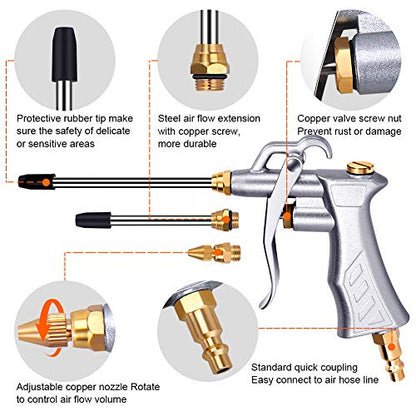 Air Blow Gun w/Copper Adjustable Air Flow Nozzle & 2 Steel Extension | Powerful Air Flow, All-Metal Build, Adjustable Air Flow Nozzle, Metal Hanging Hook, 2 Airflow Extension Tubes for Tight Areas - color: Silvery