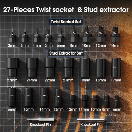 27PCS Impact Twist Socket & Extractor Set, CR-MO Steel | Construction for Removing Damaged, Frozen, Rusted, and Rounded-Off Bolts, Nuts, Screws & Studs with Impact Tools