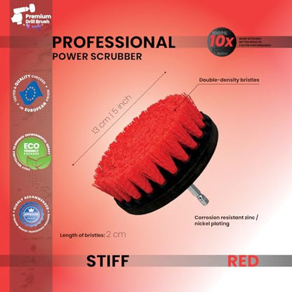 Premium Drill Brush Professional – Stiff 5 in Red | Scratch-Free Outdoor Cleaning Brush for Patio Bricks, Decking, Garden Tools, Lawn Mowers, Bicycles, Car Wheels, Pool Tiles and Boat Hulls - color: Red