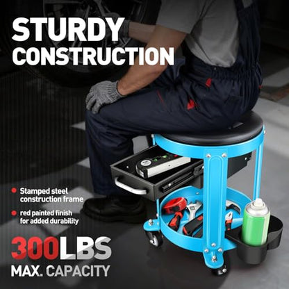 DNA Motoring Round Mechanics Roller Seat Creeper Stool with Padded Cushion, Tool Storage Drawer & Tray, 300 Lbs Max Weight Capacity, Blue, TOOLS-00492 - color: Blue