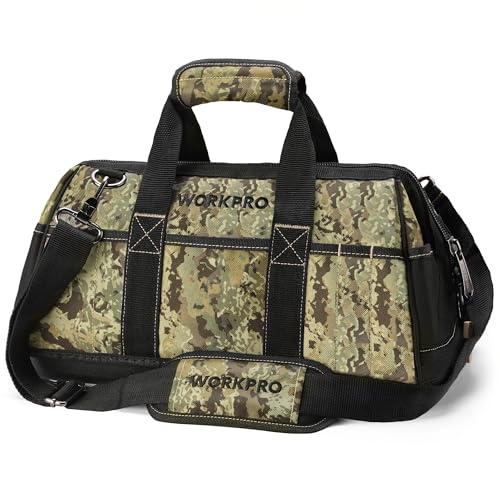 WORKPRO 16-Inch Wide Mouth Tool Bag with Water Proof Molded Base | Multi-Pocket, Heavy Duty Cloth, Adjustable Shoulder Strap, Double-pull Zipper, For Workshops, Outdoor Projects - color: Camouflage