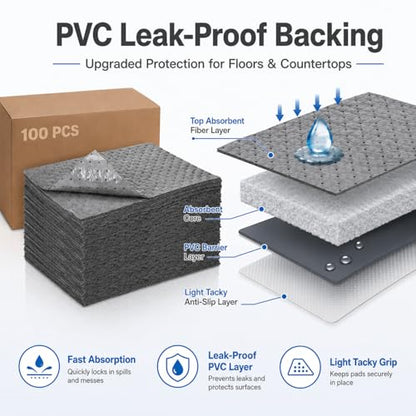 Adhesive-Backed Oil Absorbent Pads, 100 Pack 10 x 13 Inch Leak-Proof Oil Spill Mats with PVC Backing, Non-Slip Disposable Garage Drip Pads for Change, Workbench, Floor & Kitchen Grease Cleanup