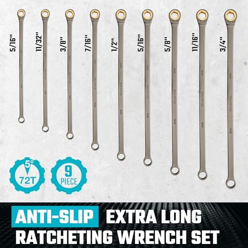 DURATECH Extra Long Anti-Slip Ratcheting Wrench Set, 9-Piece, SAE | Double Box End, 5/16", 11/32", 3/8", 7/16", 1/2", 9/16", 5/8", 11/16", 3/4", CR-V Steel, Rolling Pouch Included