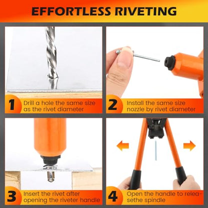 HONUTIGE Rivet Gun Kit, Professional Hand Riveter Heavy Duty Metal Rivet Gun Tool Manual Rivet Tool One-Handed Rivet Gun with 50 Rivets for DIY/Automotive Repairs/Furniture