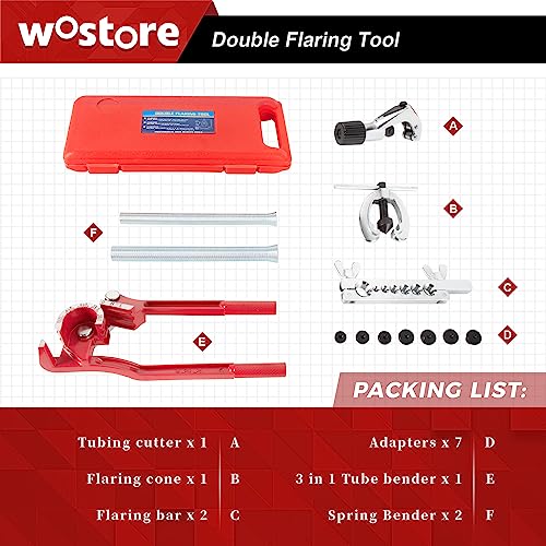 Wostore Double Flaring Tool Kit, Tube Bender 1/4-3/8" & Spring 1/2-5/8" | Double flare kit with tube bender (1/4", 5/16", 3/8") & spring bender (1/2", 5/8"). For copper, brake line, plumbing & HVAC. - size: Flaring Tool Kit with Tube Bender