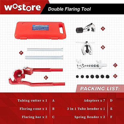 Wostore Double Flaring Tool Kit, Tube Bender 1/4-3/8" & Spring 1/2-5/8" | Double flare kit with tube bender (1/4", 5/16", 3/8") & spring bender (1/2", 5/8"). For copper, brake line, plumbing & HVAC. - size: Flaring Tool Kit with Tube Bender