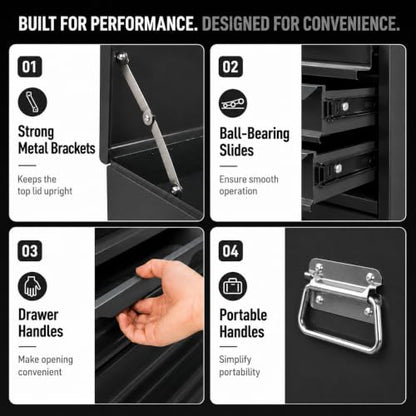 ARNOT Large Metal Tool Box, Tool Box with 6 Drawers & Top Tray, Heavy-Duty Steel Tool Chest with Auto-Locking Drawers and Side Handles for Garage & Workbench (Black) - color: Black