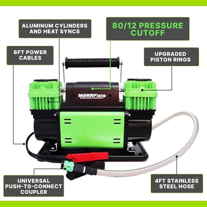 MORRFlate TenSix 12 Volt Air Compressor Heavy Duty, 10.6 CFM 150 PSI Dual Cylinder Portable Off-Road Tire Inflator for Jeep Truck RV 4x4 Overlanding, 4 Tire Inflation Deflation, 4FT Steel Hose - size: 10.6 CFM Compressor