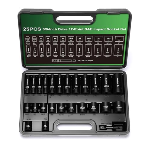 TecoTek 25 Pieces 3/8-Inch Drive Deep and Shallow 12-Point Impact Socket Set, CR-V, 5/16" - 1", SAE, 1/4"-3/8" Drill Adapter - size: 8mm-25mm(deep & Shallow)