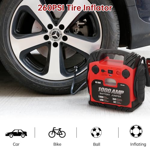 BS ONE 1000 Amp Peak Current Car Jump Stater, 12V Lead Acid Battey Jump Box with 260PSI Air Compressor, Jump Starter Battery Pack with Led Light & USB Output