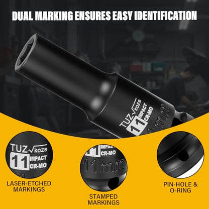 1/2 Inch Drive 11mm Deep Metric 6 Point CR-MO Impact Socket | Radius Corner Design,Square Chamfered Opening,Axle Nut Impact Grade Socket for Easy Removal - size: 1/2” Drive 11mm Deep, style: 1/2" Drive Deep Socket