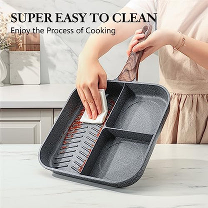 Sensarte Nonstick 11-Inch Square Grill Pan, 3-Section Versatile Breakfast Skillet, Die-cast Aluminum, PFOA, PFOS, APEO Free, Induction, Gas, Electric, Glass, Ceramic - color: Gray Granite-3 Section, size: 11 Inch
