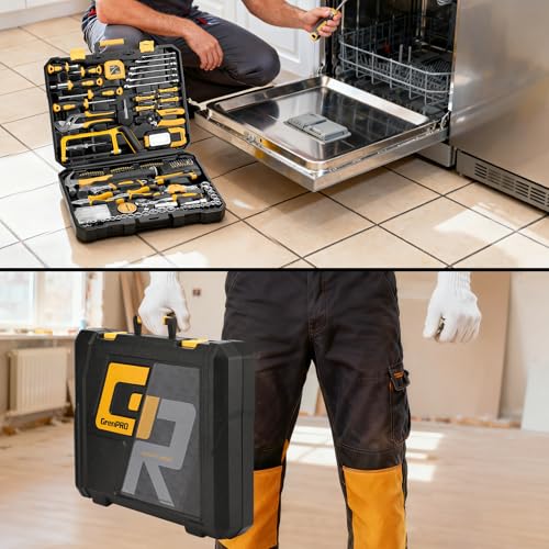 GRENPRO 218PCS Basic Auto Hand Tool Set Household Repair Tool Box Kit | Portable Tool Box, CR-V Steel, Complete Kit, Anti-Drop Slots, Household DIY, Auto Motorcycle, Home Garage For Men & Women - style: Yellow Hand Tool Set 218PC