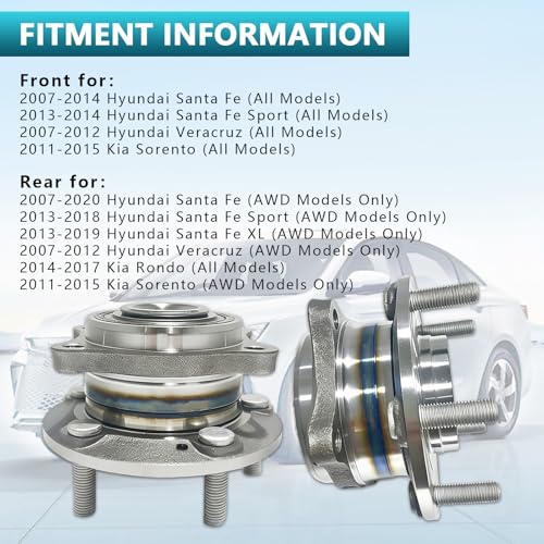 513266 Front Rear Wheel Bearing Hub Assembly for Hyundai Santa Fe Sport XL, Veracruz, Kia Sorento Rondo 2007-2020, 51750-2B000, 51750-3J000 (2PCS) - size: 513266
