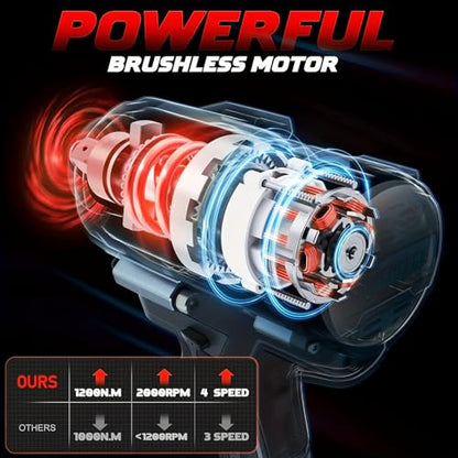 1/2 Inch Compact Impact Wrench with FRIC Ring, 250 ft-lbs Breakaway Torque, Brushless Motor, 4-Mode Control, LED Light, for Automotive Repair and Tire Changes