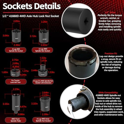 Sunluway 6 Pcs Spindle Nut Socket Set 41660D 4WD Axle Hub Lock Nut Socket Spindle Remover 1/2” Drive for Ford F250 F350 Dana 44/50/60, Toyota, GM Chevy, and Dodge, Lug Out Spindle Nut Socket Set