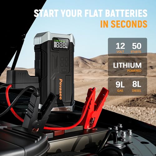Povasee Jump Starter with Air Compressor 5000A Portable Jump Box up to 9L gas/8L Diesel,inflates Tires to 150PSI 12V Car Battery Jumper Starter - style: With Air Compressor