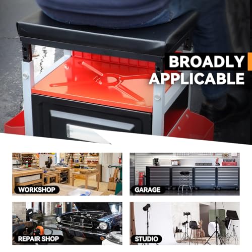 Auto Dynasty Universal Max 350 Lbs Red Stool Mechanic Rolling Creeper Seat with Tool Tray + Storage for Household Home Garage Warehouse Office