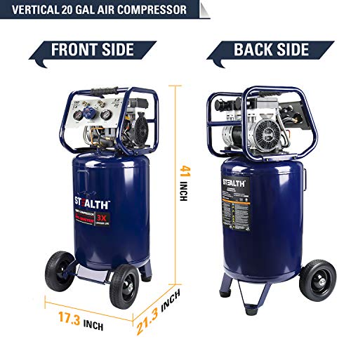 STEALTH 20 Gallon Air Compressor, Ultra Quiet, Oil-Free and Long Life Cycle,1.8 Hp Large Air Compressor with Rubber Wheels (Blue, SAQ-12018) - style: Electronic