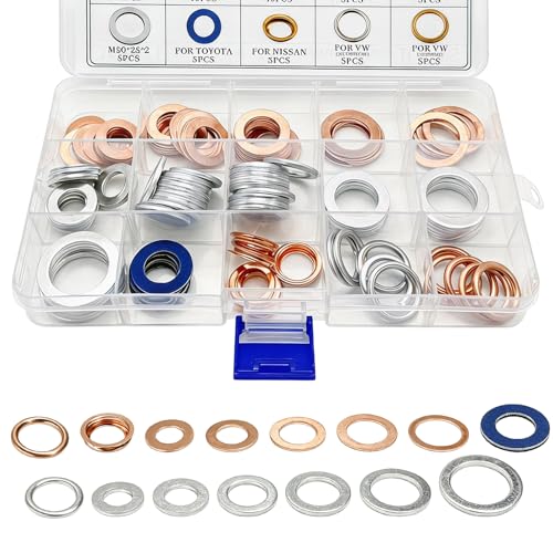 105 PCS Car Oil Drain Plug Gaskets Assortment, ID M10 M12 M14 M16 M18 M20 Engine Crush Washers, Portable Oil Drain Plugs Washer Replacement Kit for Most Vehicles, Car Accessories