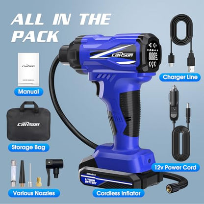 CARSUN Tire Inflator Portable Air Compressor, 150PSI Cordless Tire Pump with DC 12V/Battery Dual Power Supplies, Portable Handheld Air Pump, Digital Pressure Gauge for Car Tires, Bicycles, Balls, Blue