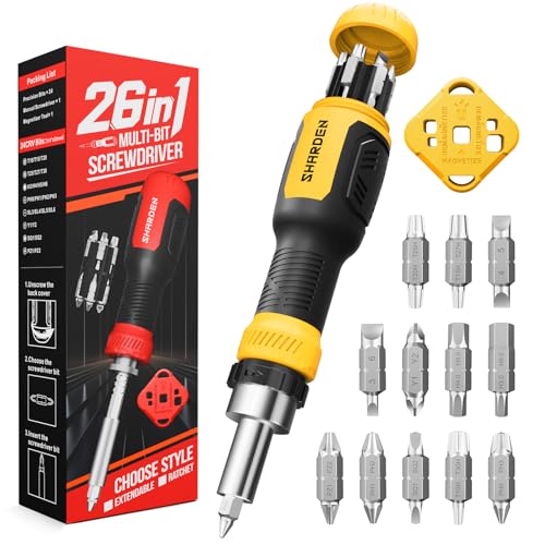 SHARDEN 26-in-1 Ratcheting Screwdriver Set Multi Ratchet Screwdriver Multi Screwdriver Tool Kit with 12 Double Ended CRV Bits Phillips Slotted Torx Hex Portable Tool for Home Bike Computer Repair - color: Yellow, size: Ratchet-NonExtendable