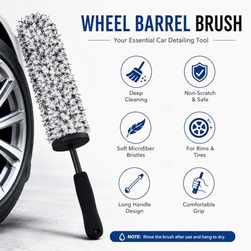 Long Handle Wheel Barrel Brush, Soft Microfiber Wheel Cleaner Brush, Non-Scratch Car Detailing Tool for Rim Cleaning and Tire Detailing (Black)
