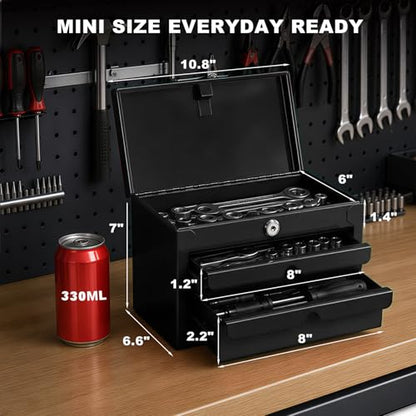 JACK BOSS Mini Tool Box with Two Drawers,Small Metal Tool Box with Lockable Top Storage,Multi-Purpose Portable Tool Boxes Case Organizer,Small Tool Chest with PVC Mats,L10.8"×W6.6"×H7",Black - color: Black
