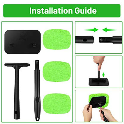 XINDELL Interior Windshield Cleaning Tool, Driver-Control Car Window Cleaner with Ergonomic 22" Handle & Microfiber Pads, No Streak Auto Glass Cleaner for Hard to Reach Inside Windshield