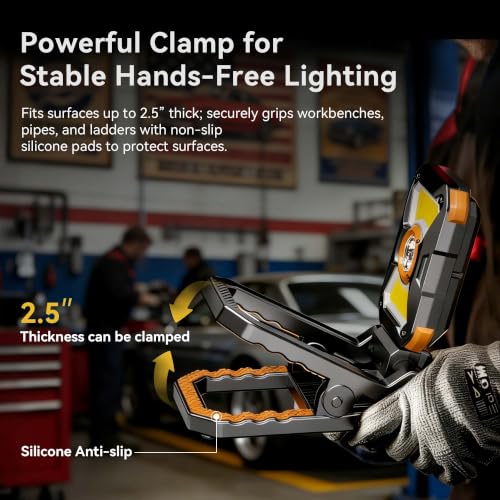 Adelante W3 Rechargeable Clamp Work Light, 2100LM, 360° Rotating Head | 4000mAh battery, 3-10 hours runtime, 2.5 in clamp, dual magnets, IPX4 waterproof, USB-C charge and USB output for workshop
