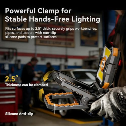 Adelante W3 Rechargeable Clamp Work Light, 2100LM, 360° Rotating Head | 4000mAh battery, 3-10 hours runtime, 2.5 in clamp, dual magnets, IPX4 waterproof, USB-C charge and USB output for workshop