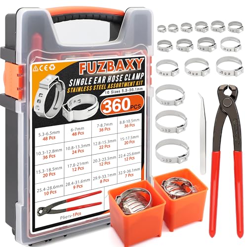 360Pcs 304 Stainless Single Ear Hose Clamp Kit with Pliers for PEX & Auto | 16 Size Leak-Proof Oetiker Style Crimp Clamps,Rustproof 304 SS for Fuel Lines, Marine & Home Plumbing,Stop Leaks Forever - color: 360pcs-16 Sizes