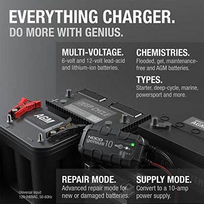 NOCO GENIUS10: 10A 6V/12V Smart Battery Charger – Automatic Maintainer, Trickle Charger & Desulfator with Overcharge Protection & Temperature Compensation – for Lead-Acid & Lithium Batteries - size: 10A
