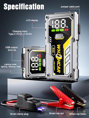 Car Battery Jump Starter 5000A Smart Portable Car Jump Starter Battery Pack (10.0 Gas/9.0L Diesel) 12V Safe Car Jumper with LCD Display Extended Jumper Cables, Fast Charge LED Light - color: Silver