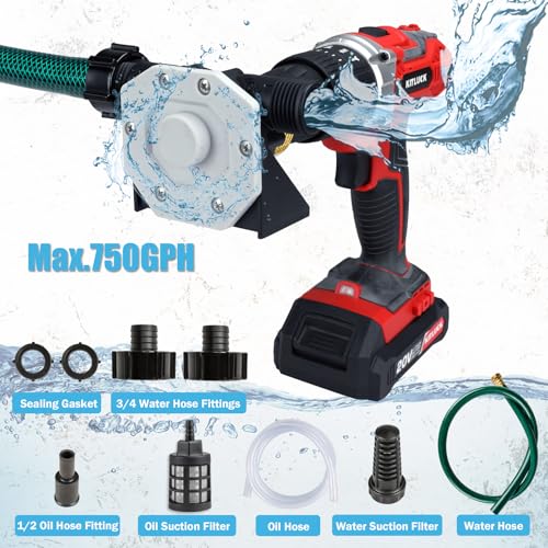 KITLUCK Hand Drill Pump, 750GPH Drill Powered Water Transfer Pump with Water Hose, Oil Tube and Adapter, Manual Water Pump for Drill, Small Self-Priming Electric Drill Pump for Water - color: Grey