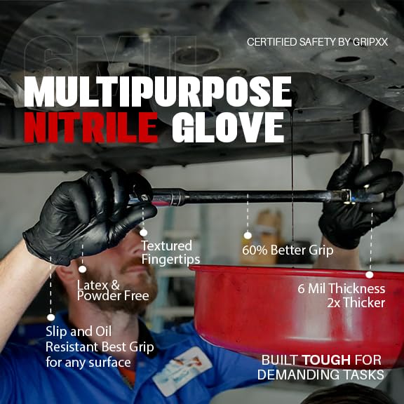 London Labs Heavy Duty 6 Mil Black Nitrile Gloves - Disposable, Latex & Powder Free | Mechanic, Food Prep & Tattoo | Rubber Gloves for Cooking, Cleaning & Household |Bulk Case of (1000) - size: X-Large