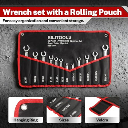 BILITOOLS 12-Piece Flare Nut Wrench Set, SAE & Metric, 6-21mm | Chrome Vanadium Steel, 12-Point Grip, SAE 1/4"-7/8", Metric 6-21mm, Includes Storage Pouch